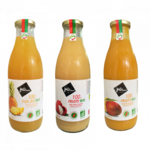 Pack assorti de Jus Bio Jus’tement™ 1L | Mangue - Litchi - Ananas | Consignation de la bouteille 1 900 Ar incluse | Sans plastique | Fabriqué à Madagascar