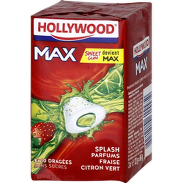 Chewing-Gum Max Sans Sucre FraiseCitron vert Hollywood 10pièces